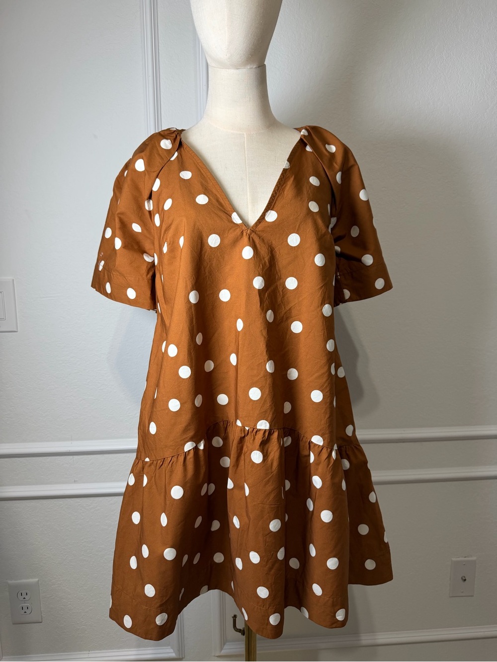 a new day Rust Brown Polka Dot V-Neck Tiered Dress